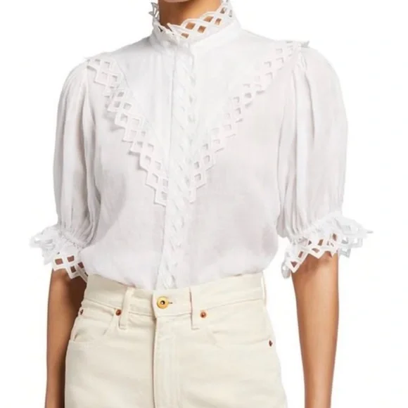 FRAME Elegant Embroidered White Lace Trim Blouse - Picture 5 of 9